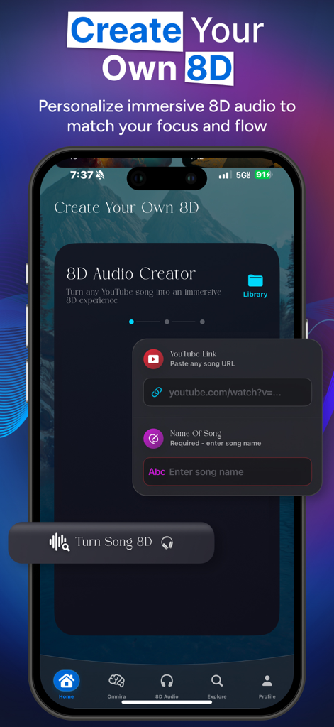 Omnira: Focus & Sleep Sounds - Smartphone screen showing the Omnira 8D Audio Creator tool for personalizing immersive soundscapes
