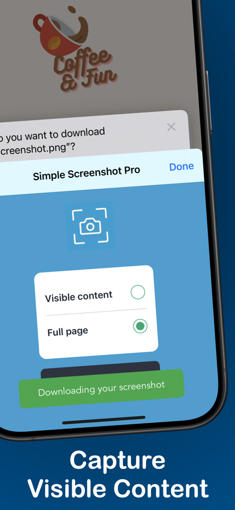 Simple Screenshot Pro - Interface do aplicativo Simple Screenshot Pro no iPhone mostrando opções para capturar conteúdo visível e capturas de tela de página inteira