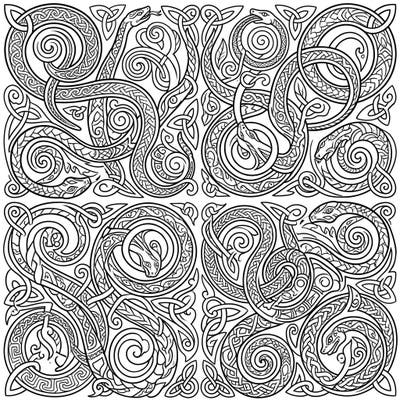 Explore the mystical world of Celtic art with this captivating coloring page featuring intricate serpent knots. These winding designs, rich in ancient symbolism, promise a deeply engaging and meditative coloring experience.