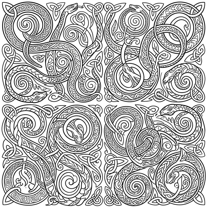 Explore the mystical world of Celtic art with this captivating coloring page featuring intricate serpent knots. These winding designs, rich in ancient symbolism, promise a deeply engaging and meditative coloring experience.