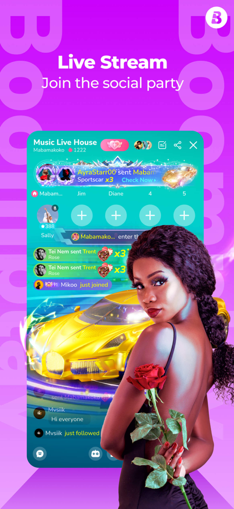 Boomplay app interface showing the Live Stream feature with a social music live house and virtual gifting