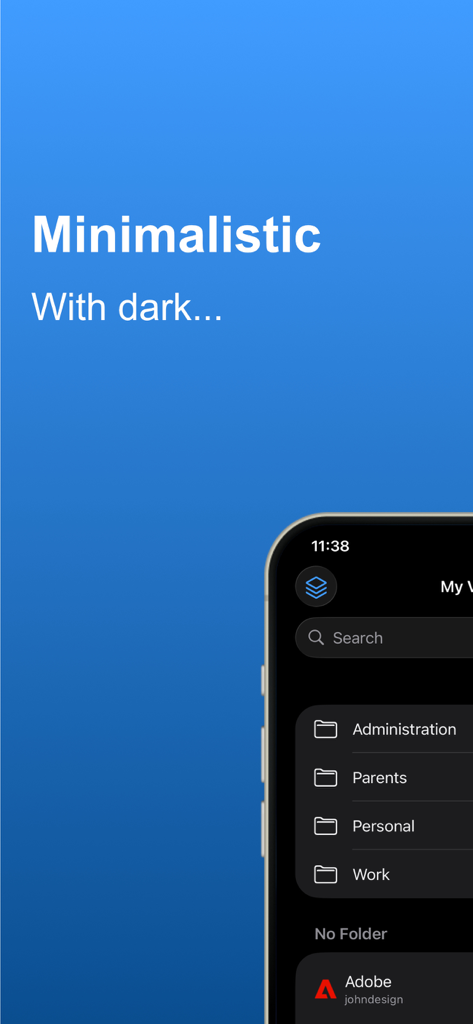 Secret app interface showing a minimalistic dark mode design with organized password folders for work and personal use.