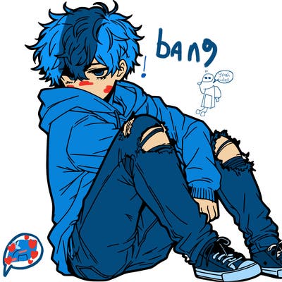 a male hoddie ripped jeans messy hair anime