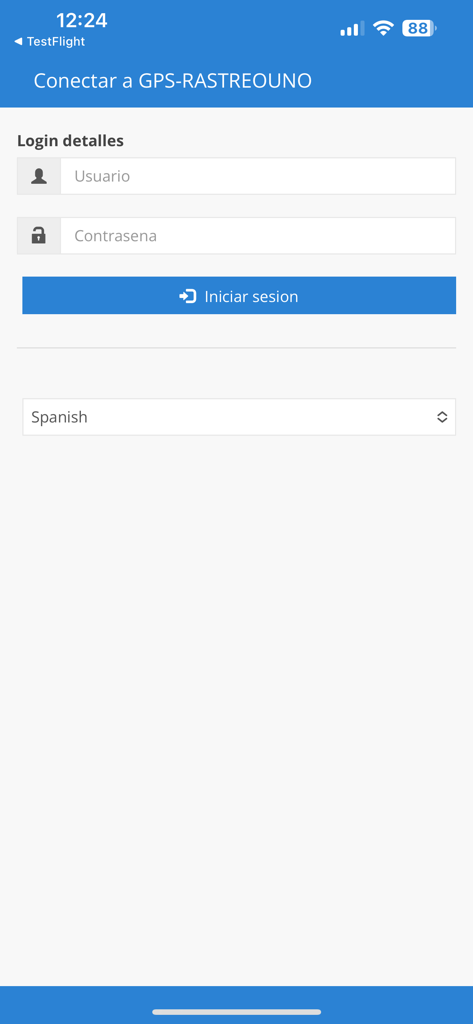 Anmeldebildschirm für die GPS Rastreo Uno App mit Benutzername- und Passwortfeldern auf Spanisch.