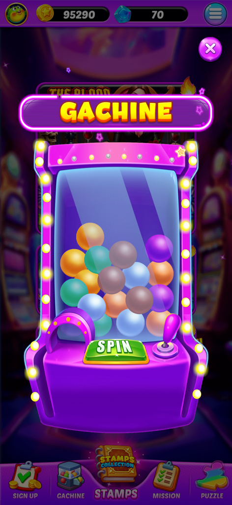 Jackpot Realms - Gachine screen in Jackpot Realms showing a prize capsule machine and spin button