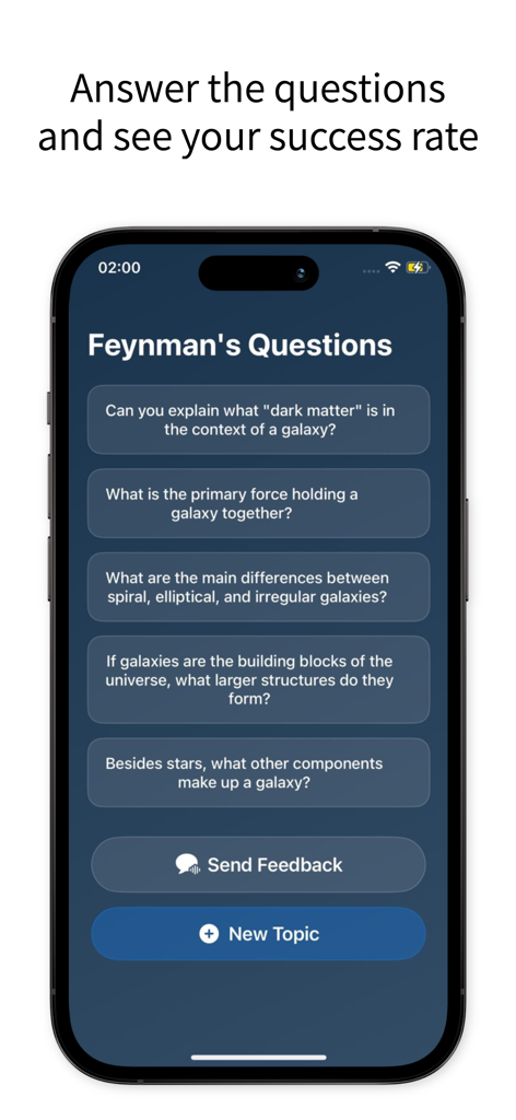 A mobile screen from the Feynman AI app displaying a series of study questions about galaxies and dark matter to test a user's comprehension.