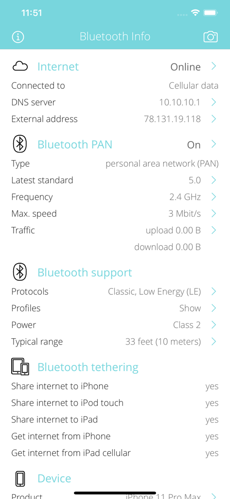Captura de pantalla del panel de la aplicación Información de Bluetooth que muestra detalles técnicos para la conectividad a Internet, el estado de Bluetooth PAN y las capacidades de tethering.
