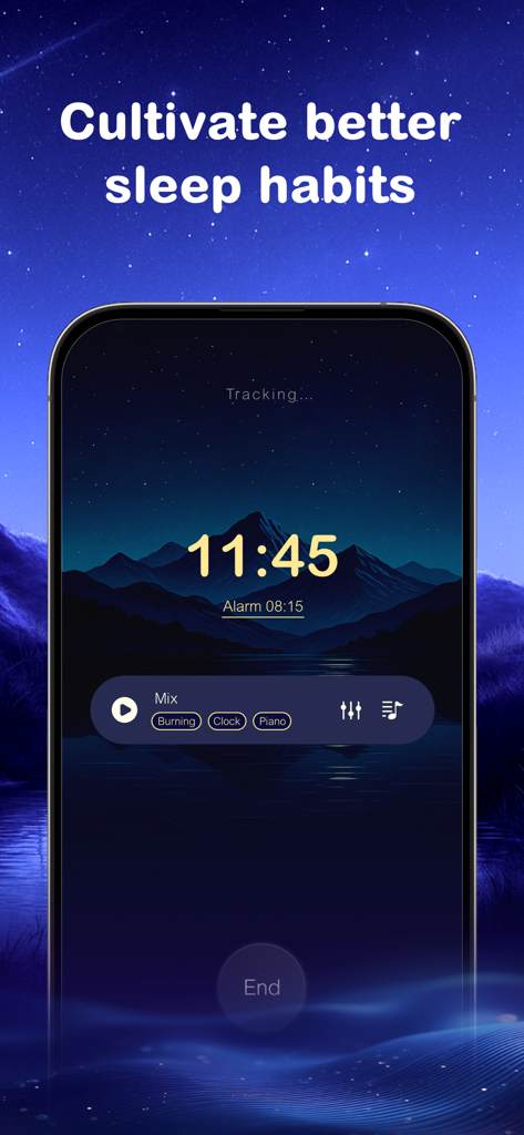SleepMo-Tracker&Sound&Relax - Interface of the SleepMo app showing sleep tracking mode with a serene night landscape current time and sound mix settings