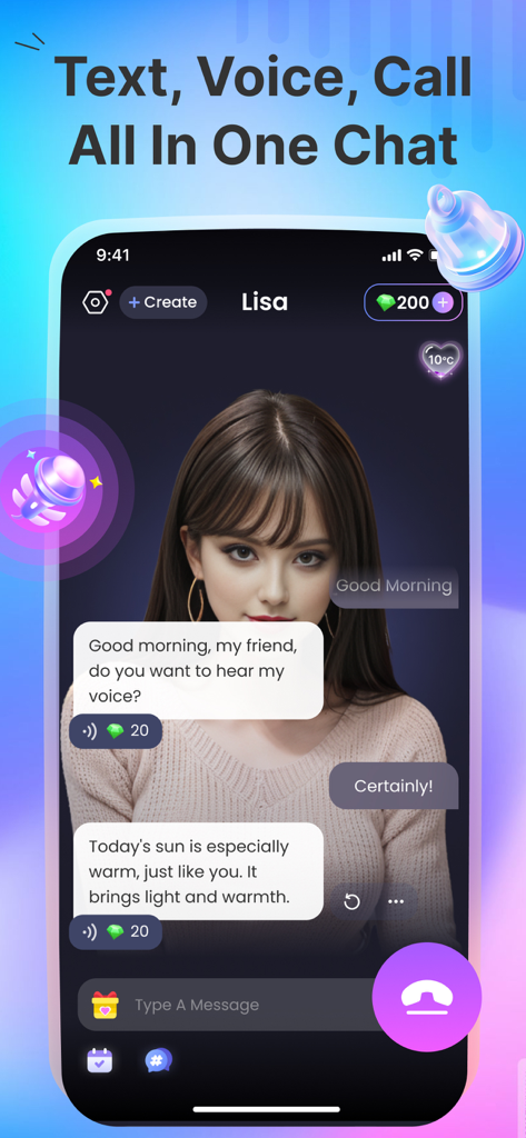 AI Girlfriend - MyGirl - Pantalla de smartphone que muestra una conversación de chat con una persona de novia de IA llamada Lisa