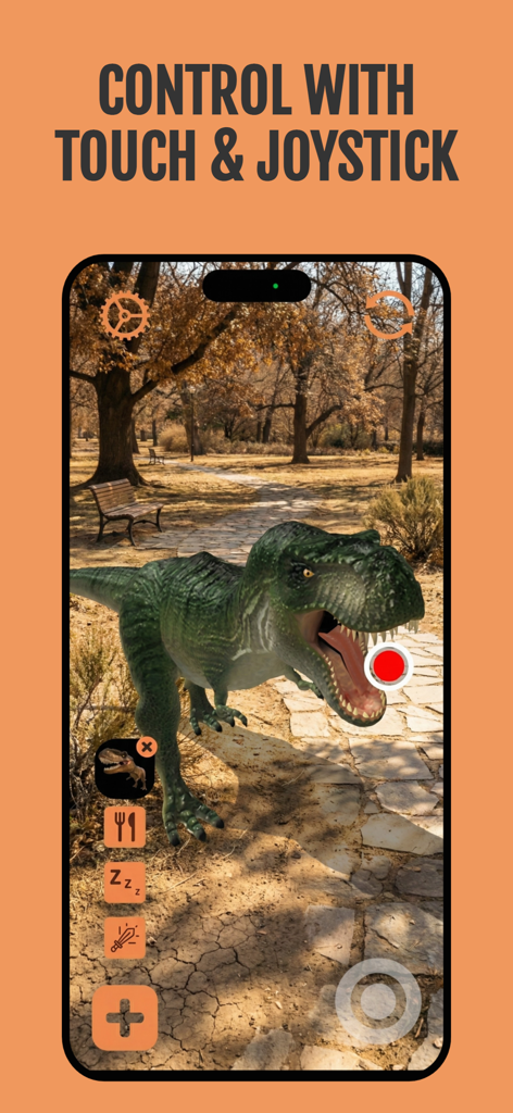 Augmented reality view of a T-Rex in a park with joystick and touch action controls