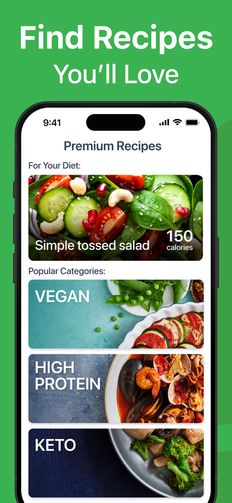 MyNetDiary app interface displaying premium recipe categories including Vegan High Protein and Keto diet plans