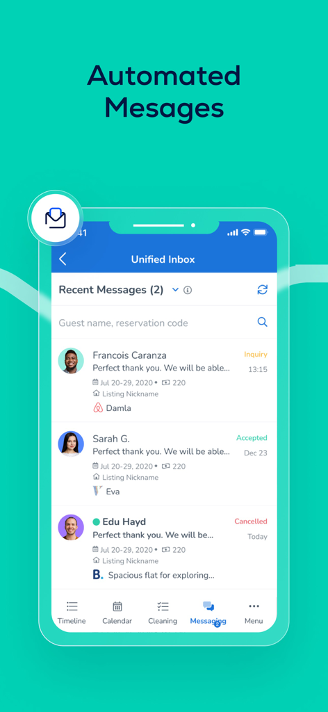 The Guesty For Hosts mobile app interface showing a Unified Inbox with guest messages from multiple booking platforms like Airbnb and Booking.com