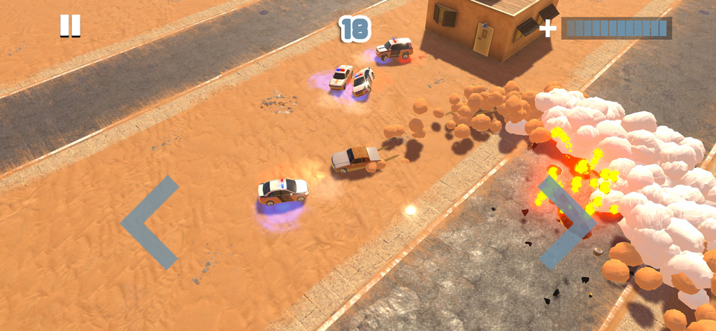 Amer car escaping police pursuit in a desert environment with explosions