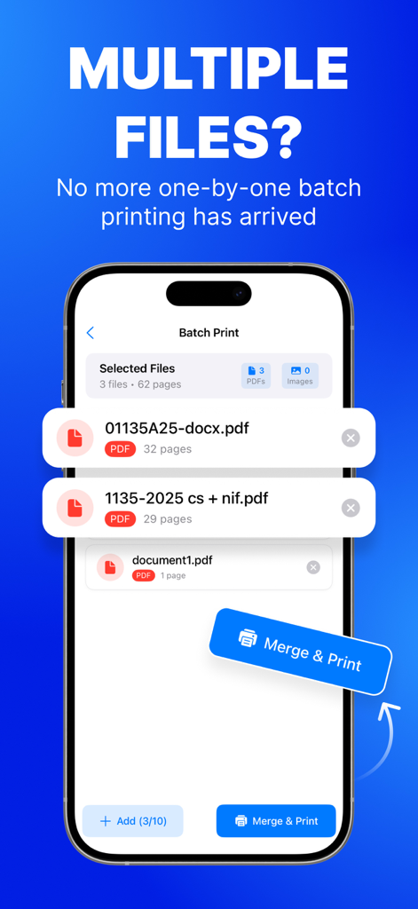 Smart Printer Wireless: iPrint - Un'interfaccia per smartphone che dimostra la funzione di stampa batch per unire e stampare più file PDF contemporaneamente.