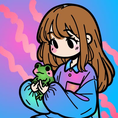 girl with long hair and a oversized shirt. and she is holding a frog