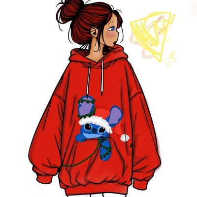 realistic girl with a oversized sweatshirt on and a bun
