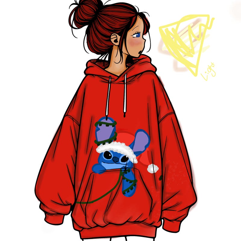 realistic girl with a oversized sweatshirt on and a bun
