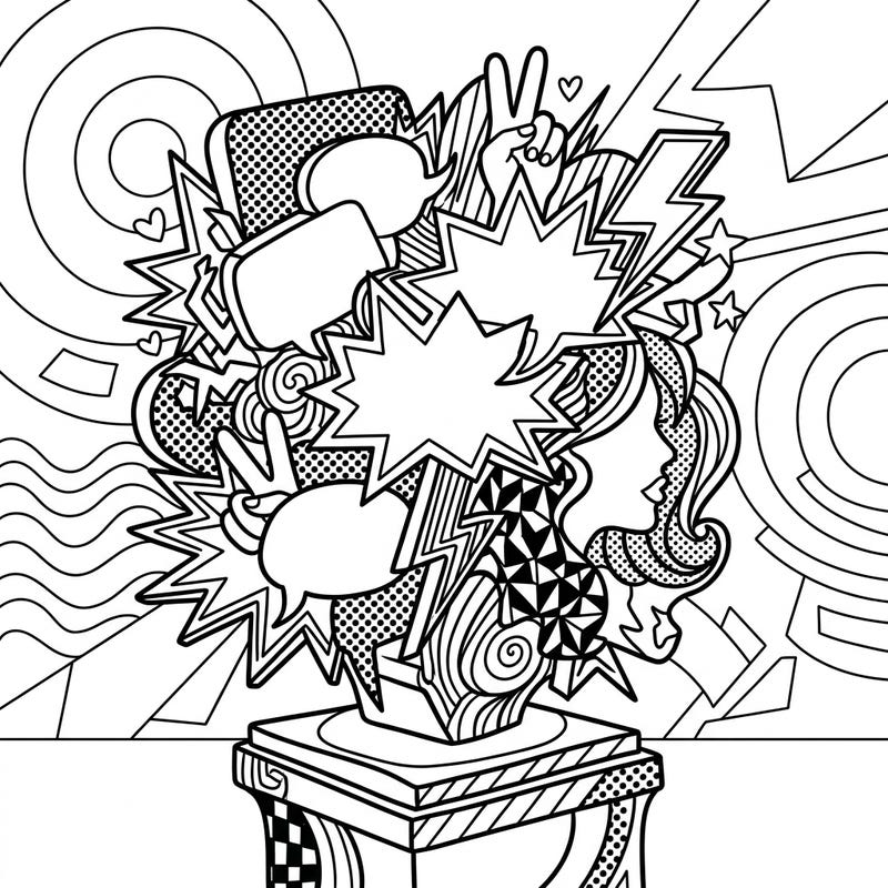 Unleash your creativity with this striking Pop Art sculpture coloring page, bursting with iconic comic-book inspired elements. Perfect for adults and teens seeking a dynamic and engaging artistic experience.