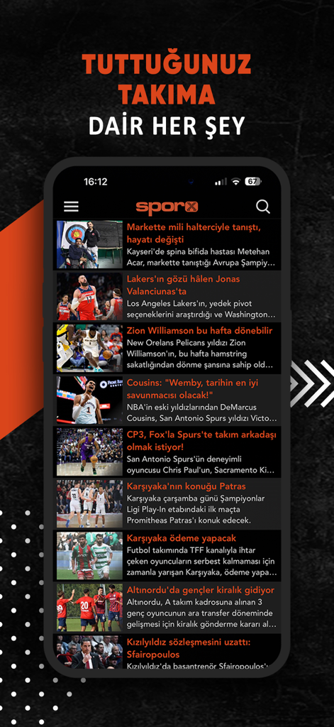 Sporx - Spor Haber, Canlı Skor - Una interfaz móvil de la aplicación Sporx que muestra una lista de titulares de noticias deportivas en turco, incluidas las actualizaciones de la NBA y el fútbol.