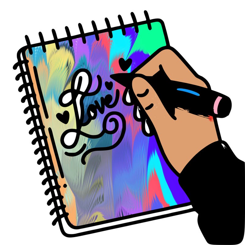 a hand writing “love” in calligraphy on a notebook