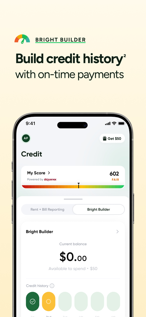 Bright app interface showing a fair credit score of 602 and the Bright Builder feature to help users build credit history with on-time payments