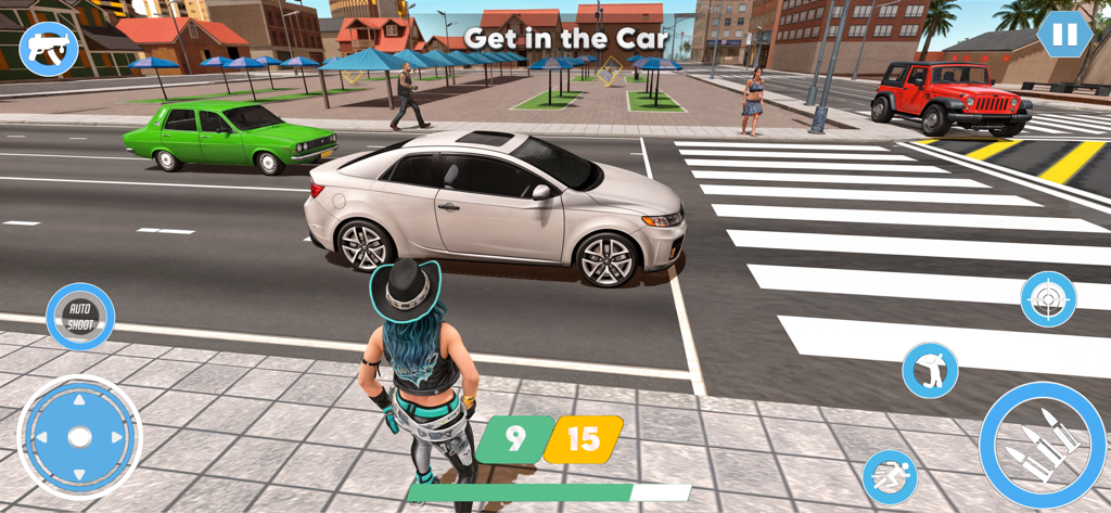 Vegas city Gangster 3D - Gameplay of Vegas City Gangster 3D showing a character standing in an urban street with cars and a crosswalk