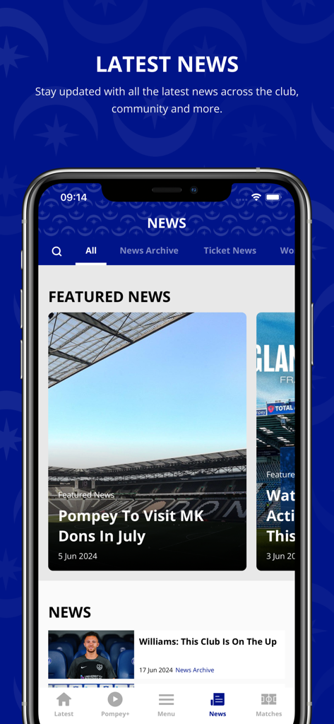 Portsmouth FC - News feed interface of the Portsmouth FC app showing featured stories and club announcements.