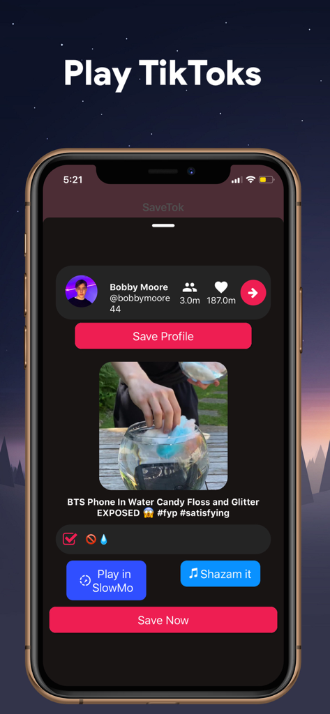 Interfaccia dell'app SaveTok che mostra opzioni per riprodurre video in slow motion, identificare musica con Shazam e salvare contenuti.