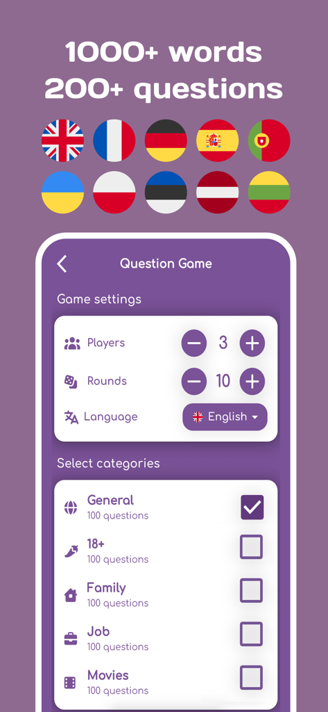 Impostor - Party Game customization screen with language flags and themed category selections.