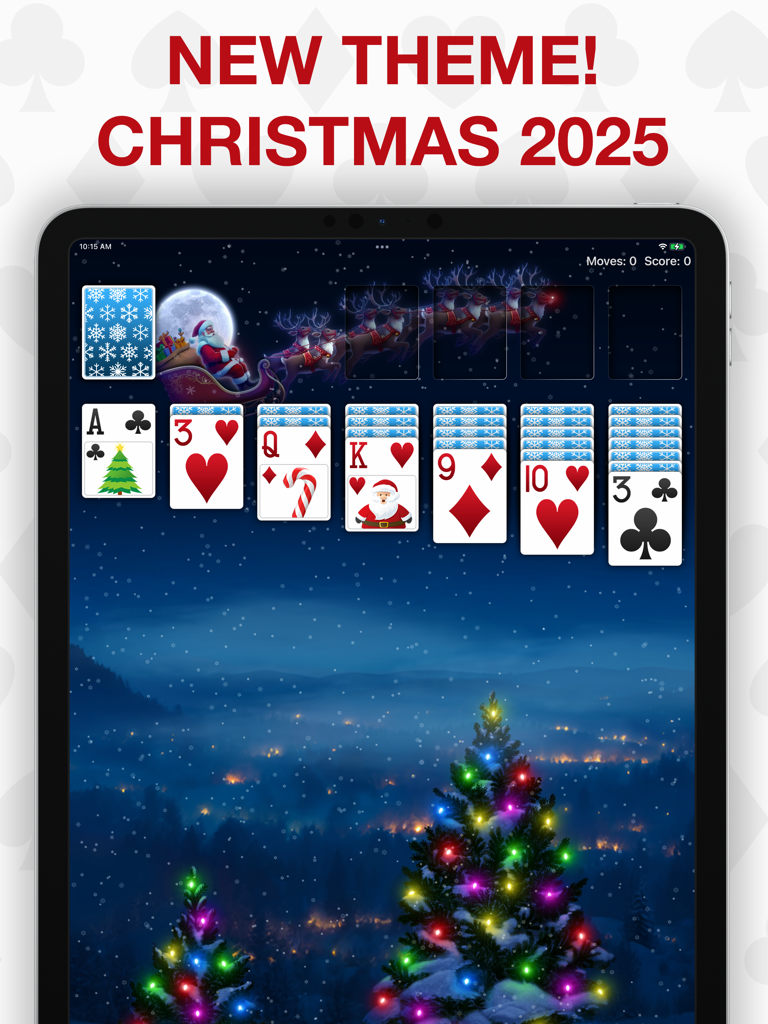 Real Solitaire for iPad - Solitaire Real para iPad mostrando um tema festivo de Natal 2025 com ilustrações de Papai Noel e feriados de inverno nas cartas de jogo.
