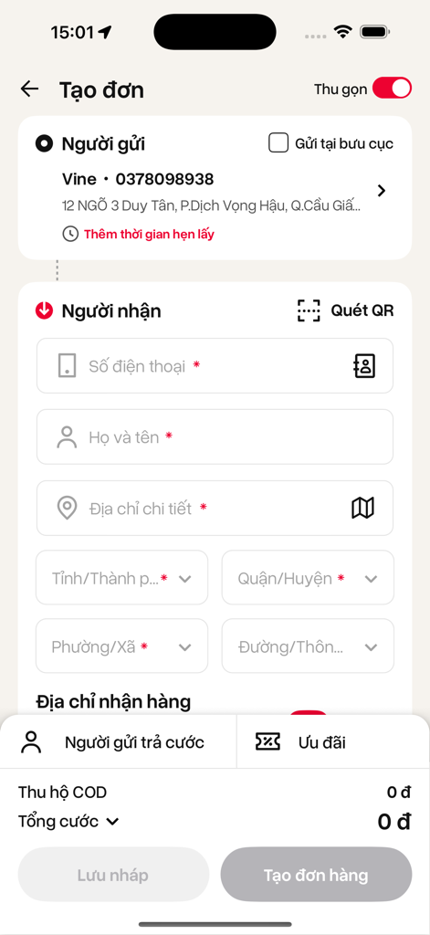 Viettel Post - 배송 주문 생성을 위해 발신자 및 수신자 정보를 입력하는 Viettel Post 앱 화면