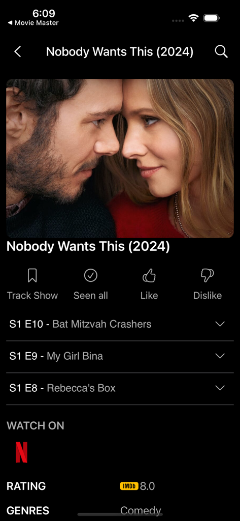 Movies Box: Movies & TV Show - Netflix에서 TV 쇼 에피소드 추적, 평점 및 스트리밍 가용성을 보여주는 Movies Box 앱 인터페이스