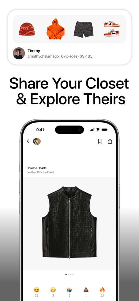 Fitted - Pantalla de smartphone que muestra el feed social de la aplicación Fitted donde los usuarios comparten sus armarios digitales y prendas de vestir