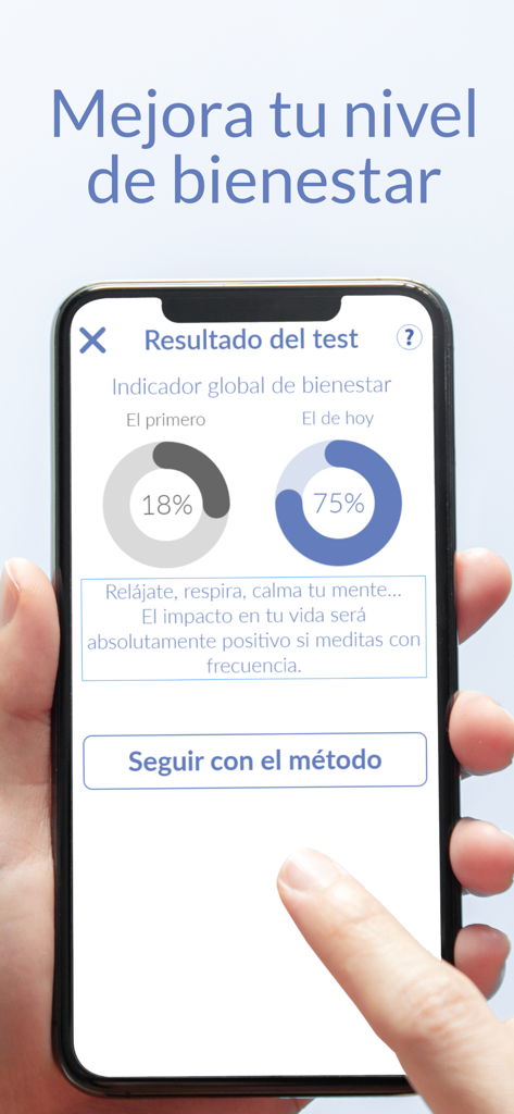 Siente app screen showing a global wellbeing indicator comparing a first test result of 18 percent to a current result of 75 percent
