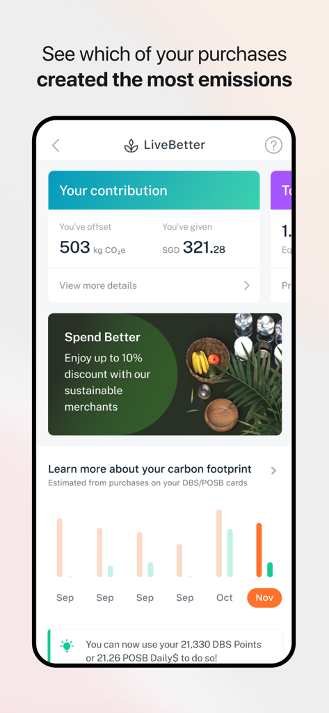 DBS digibank - DBS digibank LiveBetter screen showing carbon footprint tracking and sustainability contributions