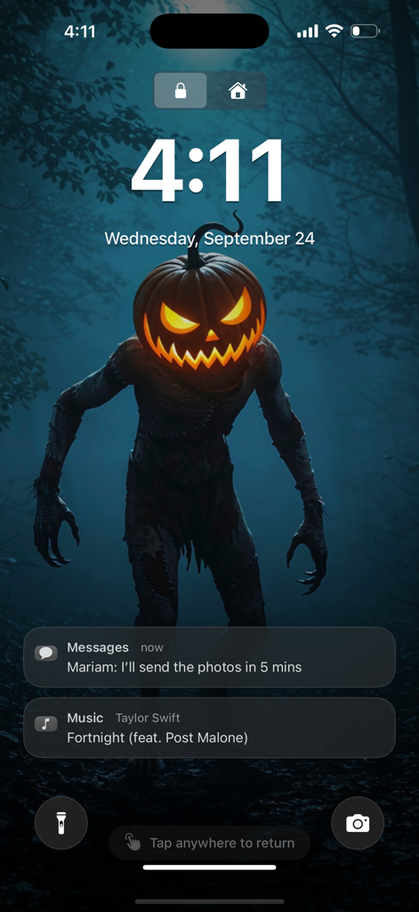 AI 4D & 3D Parallax Wallpapers - iPhone lock screen featuring a spooky monster with a glowing pumpkin head in a dark forest