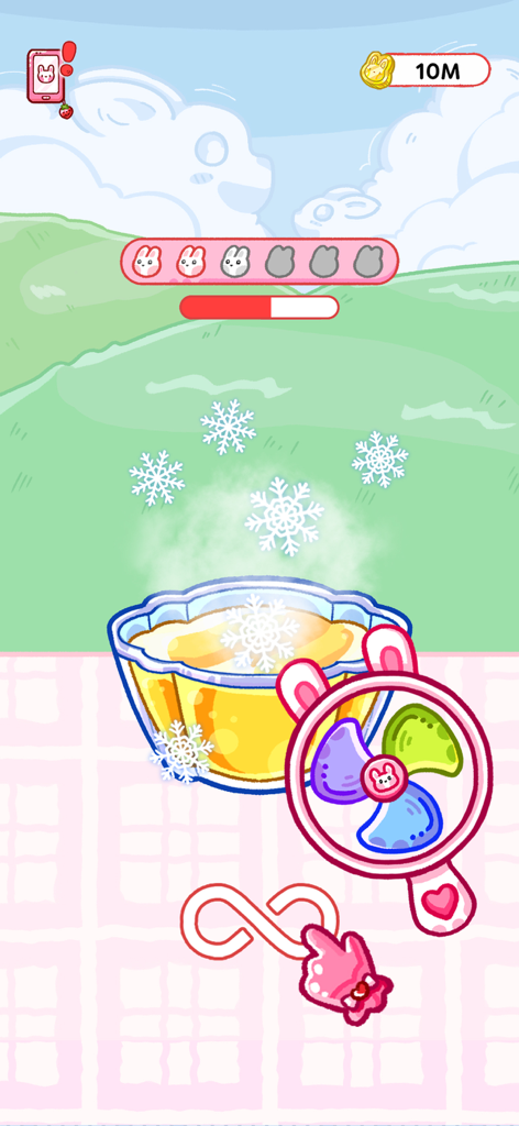A pink rabbit fan cooling a bowl of yellow jelly in the Jelly Master Mukbang ASMR mobile game