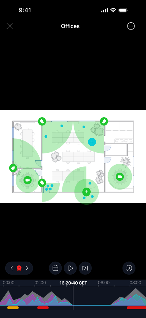 Alta Video - Alta Video app interface showing an office floor plan with security camera icons and their field of view coverage.