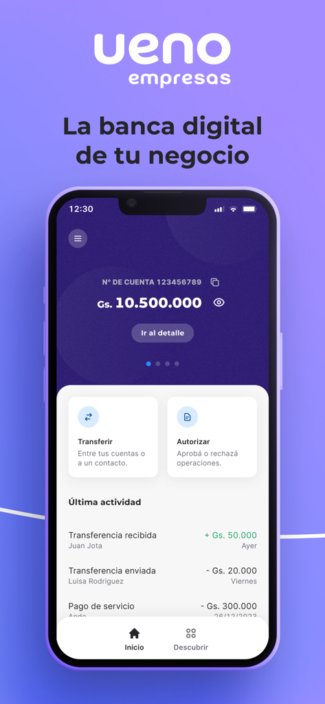 ueno bank empresas - Dashboard of the ueno bank empresas app showing account balance and transactions