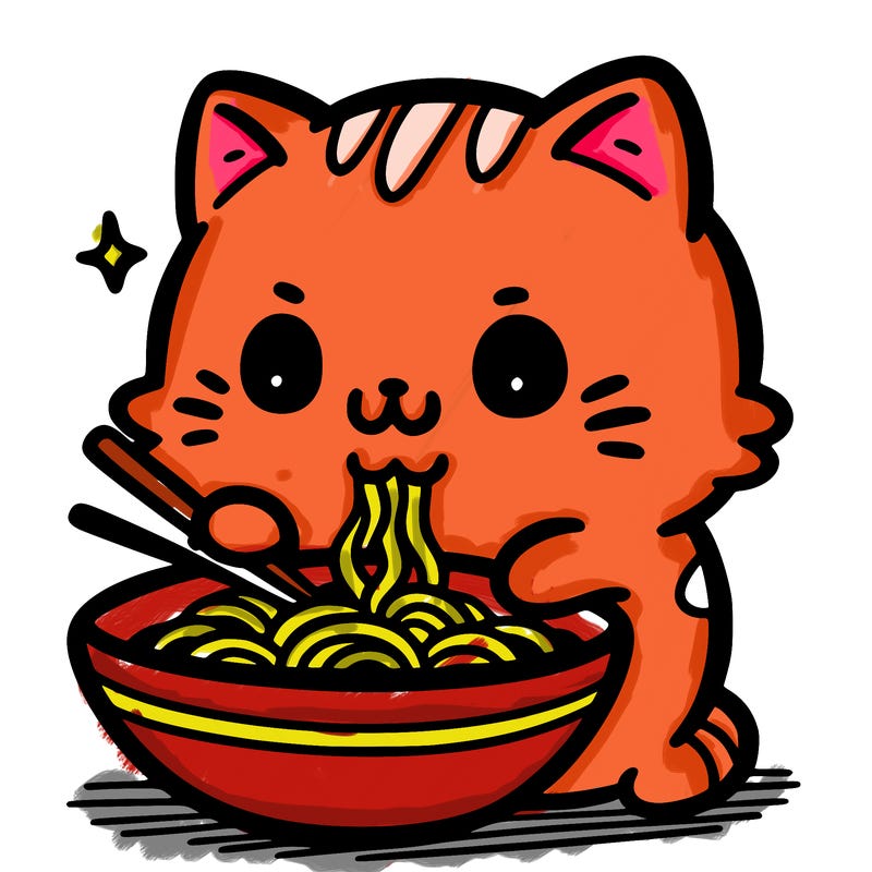 cute cat eating ramen