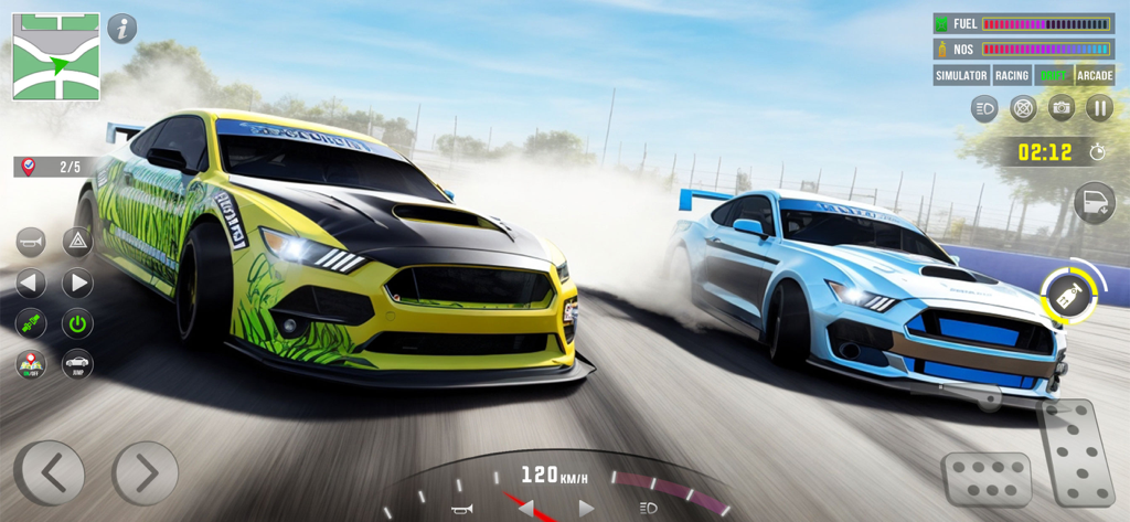 Drift Car Racing Driving Games - Dos coches deportivos de lujo realizando derrapes extremos en una pista de carreras en un simulador de mundo abierto.