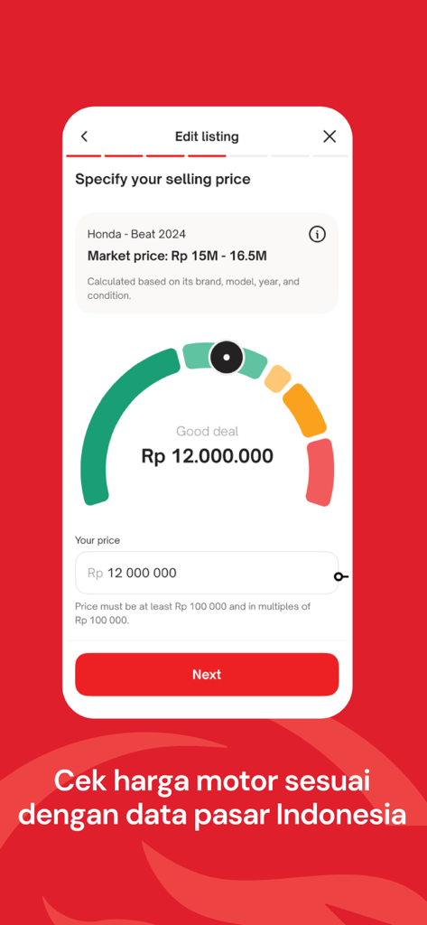Javan - Mobile screen showing motorcycle market price valuation and price input field.