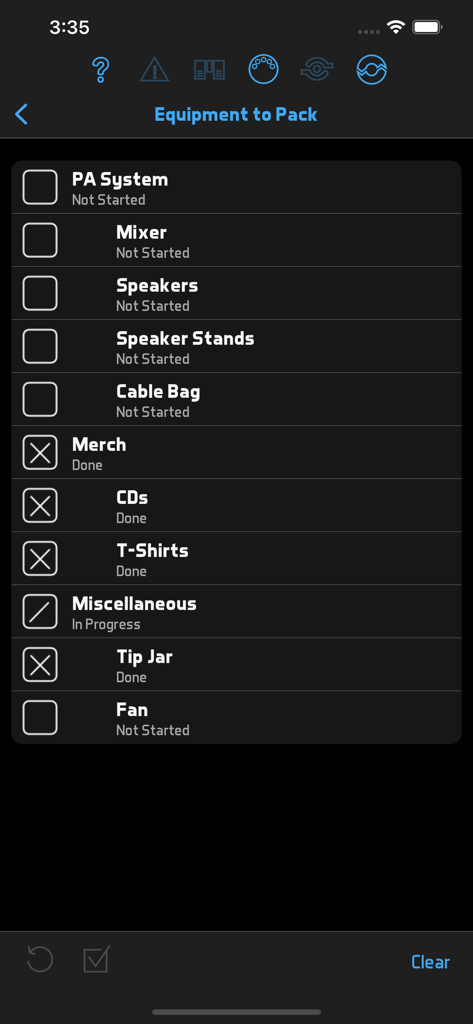 BandHelper - BandHelper app gear packing checklist showing items like PA system and mixer for a musical performance