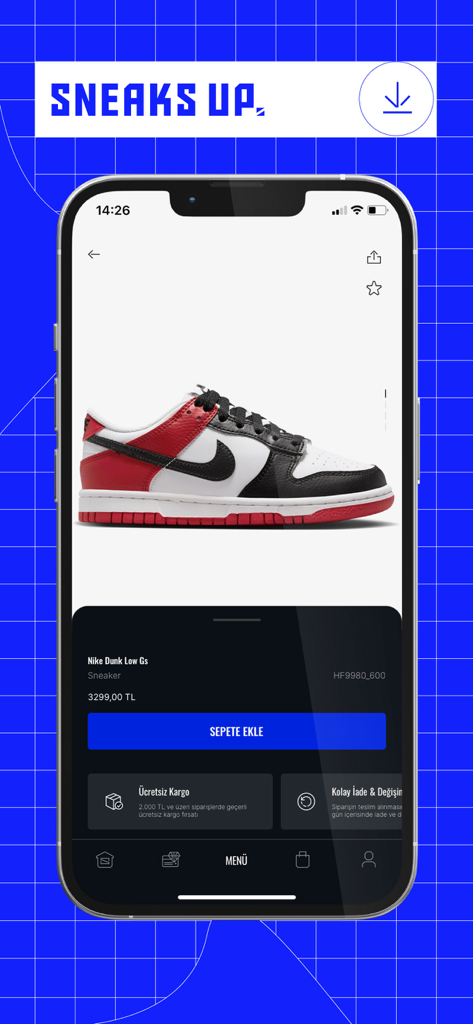 Écran mobile montrant une basket Nike Dunk Low GS sur l'application d'achat Sneaks Up
