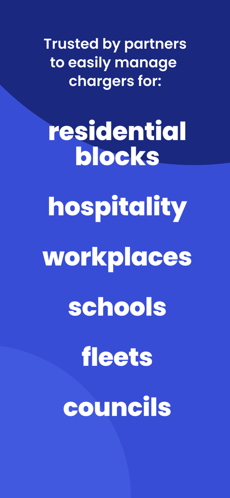 A list of sectors including residential blocks, hospitality, workplaces, schools, fleets, and councils that trust Tap Electric to manage their EV chargers.