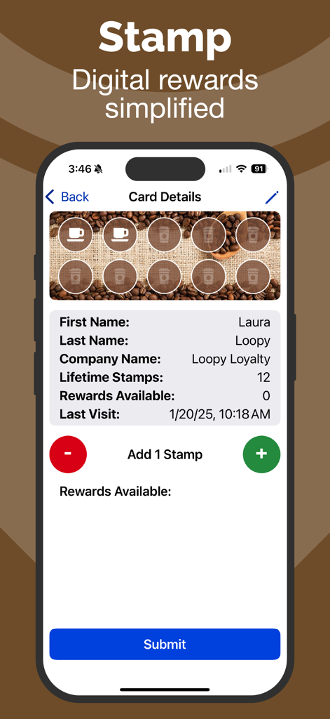 Mobile app interface for Loopy Loyalty showing customer card details and options to add or remove digital stamps