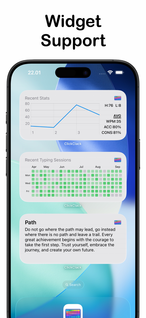 iOS widgets for ClickClack typing trainer showing performance stats and activity heatmap