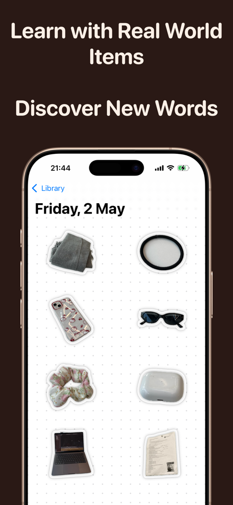 Vocabulary Builder Dictionary - Smartphone interface showing real world objects like sunglasses and laptops as interactive vocabulary stickers