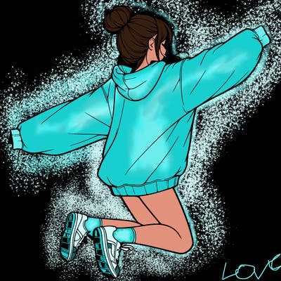 realistic girl jumping with a bun and oversized sweatshirt