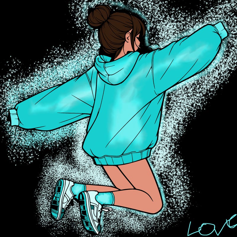 realistic girl jumping with a bun and oversized sweatshirt